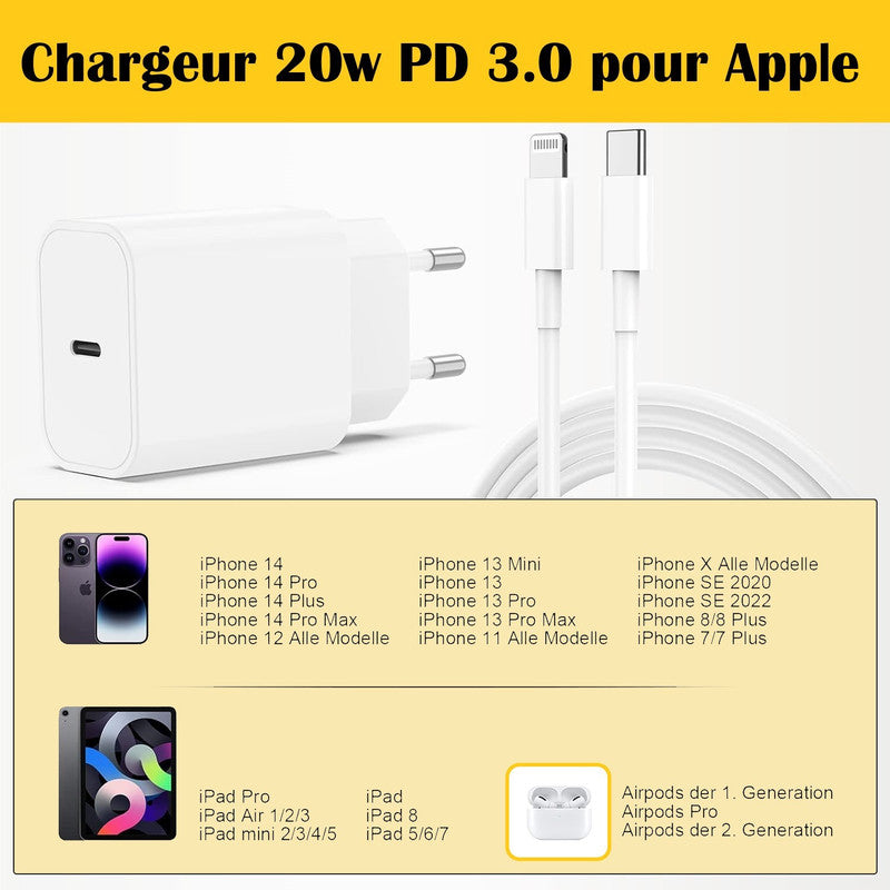 PH26 Chargeur Rapide 20W + câble lightning Compatible pour avec Iphone 5c (Pack Chargeur + Cable 1M) Iphone