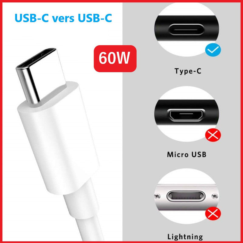 Câble 1M USB Type C vers USB C pour Huawei Honor 30S, Câble de Charge Rapide Type C 60W/3.1A PD - Cordon de Synchronisation et de Transfert Ultra rapide USB-C Huawei