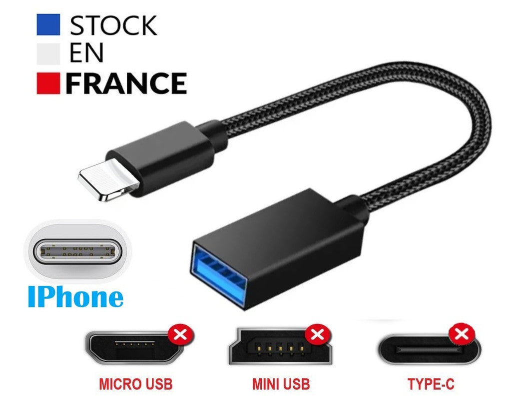 PH26 Câble Adaptateur lightning vers USB-A OTG compatible Iphone 8 - USB C Mâle vers USB A Femelle Nylon Tressé Aluminium Iphone