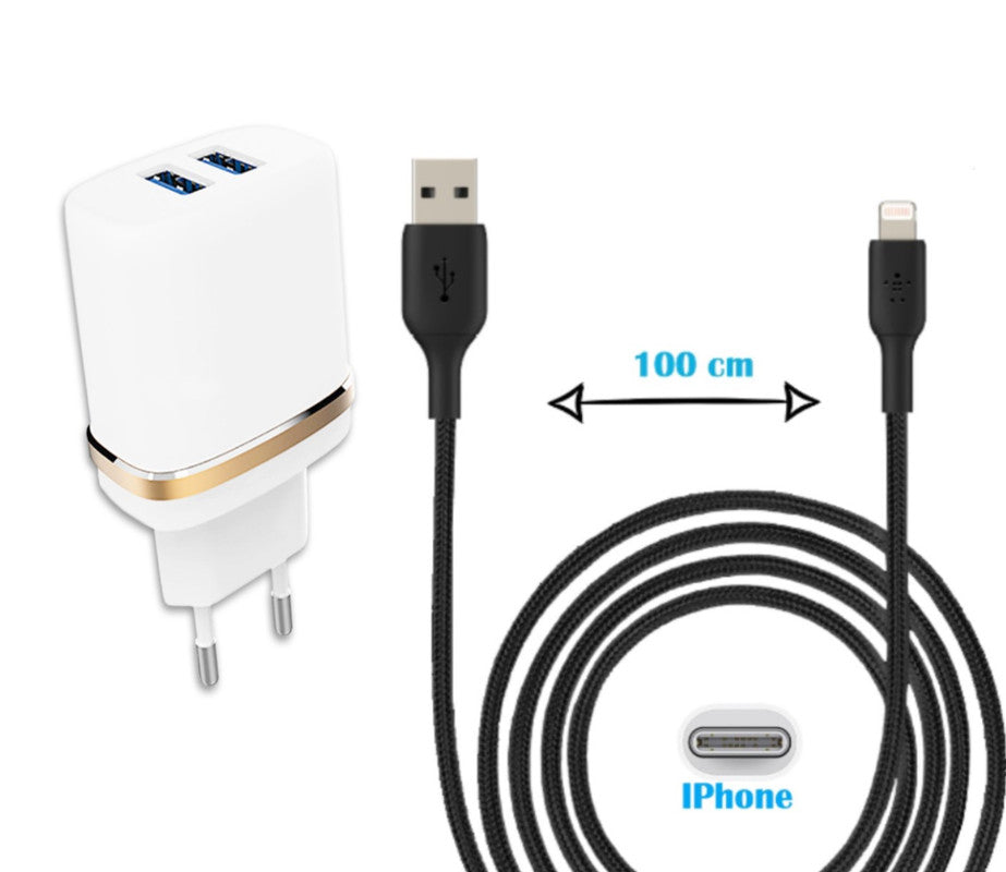 Super Pack Chargeur + Câble pour Iphone 12 Pro Max Chargeur Mural Ultra-Puissant et Rapide 2X USB 5V / 2,1A + 1A et CÂBLE Type C Tressé Nylon 1,3 Mètre Transfert de données, Câble Type C - Noir Iphone