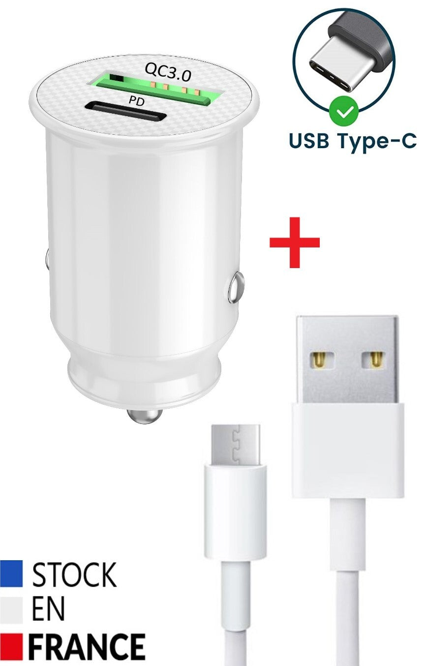 PH26 Chargeur Voiture Allume-cigare compatible Vivo Y200i 5G Ultra-compact et puissant USB - Charge Rapide 30W PD & QC 3.0 - 2 Ports pour charger 2 appareils simultanément Vivo