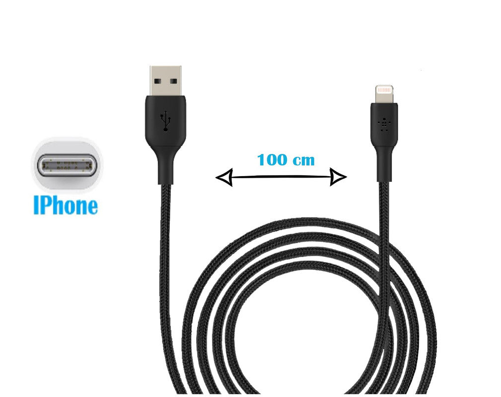 Câble lightning Compatible Iphone 8 Plus Câble USB Tressé Nylon 1 Mètre Câble Charge/Synchro Rapide-Transfert de données - NOIR Iphone