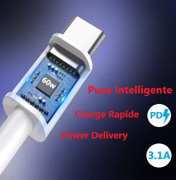 Câble 1M USB Type C vers USB C  pour Samsung Galaxy A41, Câble de Charge Rapide Type C 60W/3.1A PD - Cordon de Synchronisation et de Transfert Ultra rapide USB-C Samsung