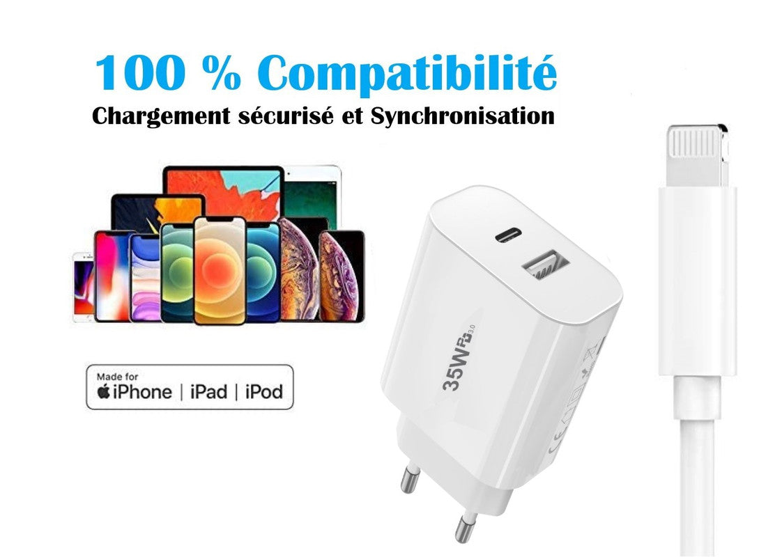 PH26 Chargeur USB-C 35W compatible avec Iphone XS, 2 Ports PD 3.0 QC 3.0 Chargeur mural Ultra rapide + 1  Câble lightning + 1 Câble Type C-vers lightning  - 1M Iphone