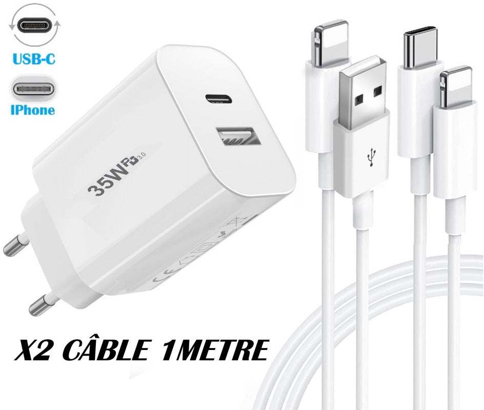 PH26 Chargeur USB-C 35W compatible avec Iphone XS Max, 2 Ports PD 3.0 QC 3.0 Chargeur mural Ultra rapide Iphone