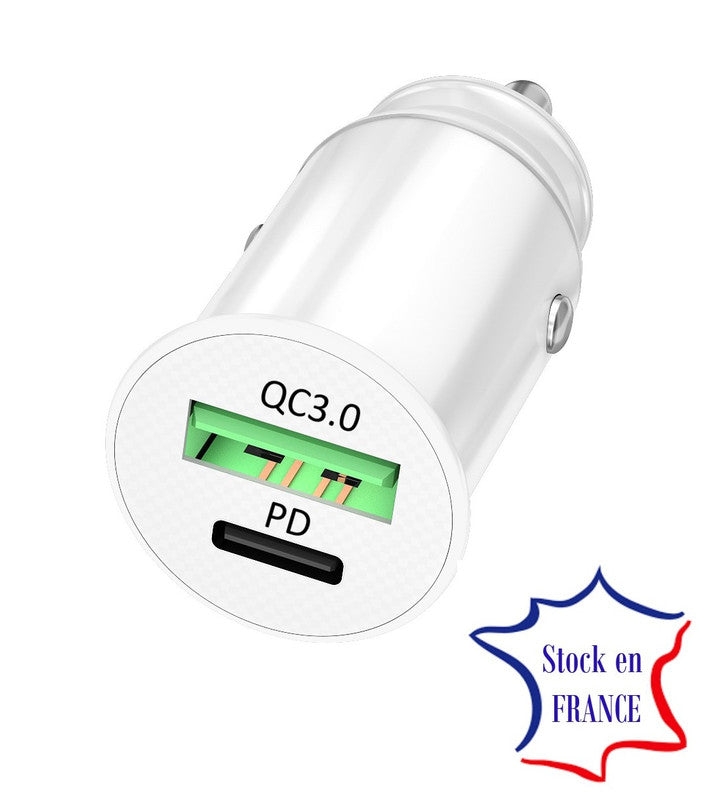 PH26 Chargeur Voiture Allume-cigare compatible Iphone 13 Pro Max Ultra-compact et puissant USB vers USB Type C Charge Rapide 30W PD & QC 3.0 - 2 Ports pour charger 2 appareils simultanément Iphone