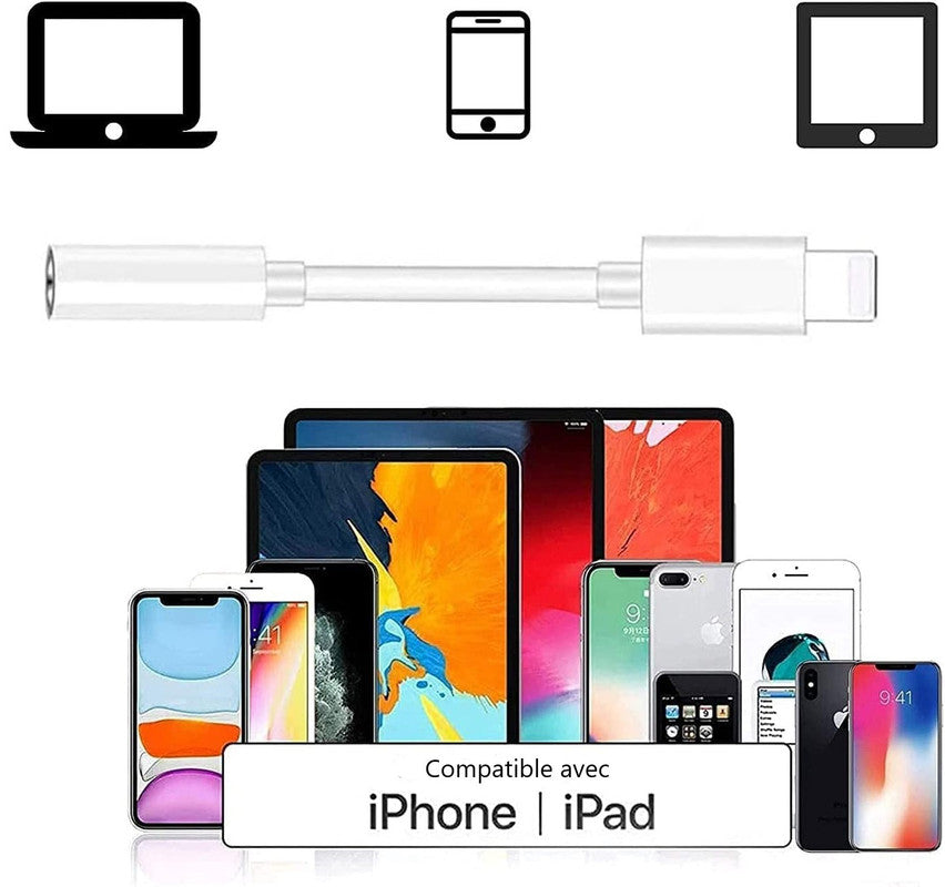 Câble lightning vers mini Jack 3.5mm Audio Auxiliaire compatible avec Iphone 6s. Reliez votre mobile à votre casque, enceinte, autoradio Apple