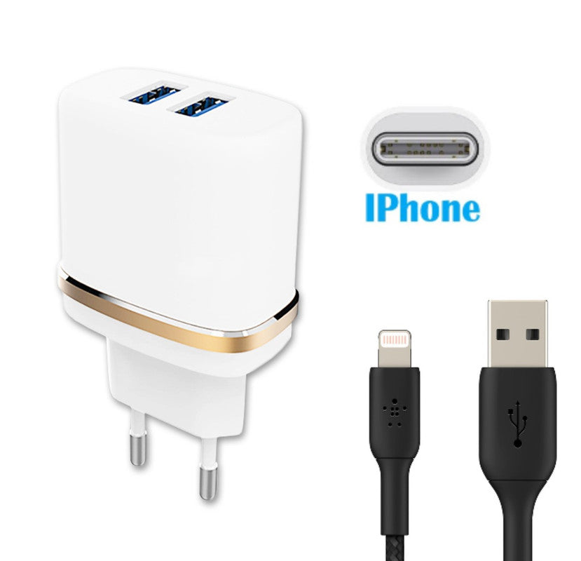 Super Pack Chargeur + Câble pour Iphone 6 Chargeur Mural Ultra-Puissant et Rapide 2X USB 5V / 2,1A + 1A et CÂBLE Type C Tressé Nylon 1,3 Mètre Transfert de données, Câble Type C - Noir Iphone