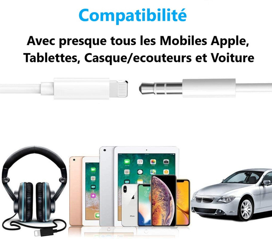 Câble lightning vers mini Jack 3.5mm Audio Auxiliaire 1 Mètre compatible Iphone 8 Plus. Relier votre mobile à votre casque, enceinte, autoradio Iphone