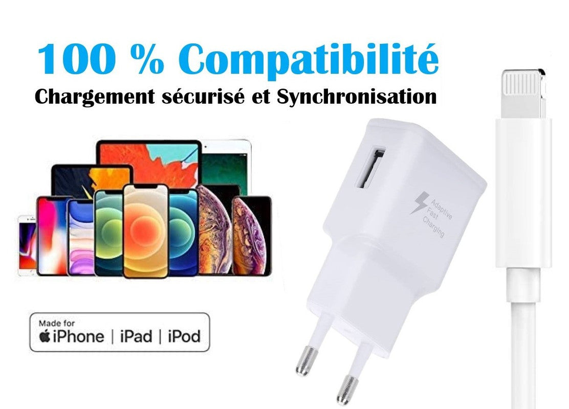 Super Pack Chargeur + Câble Compatible avec Iphone 8 Plus Fast Charger Ultra-puissant et rapide NOUVELLE GENERATION 3A avec CABLE lightning Chargement/Transfert de données. Iphone