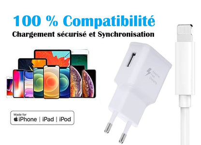 Super Pack Chargeur + Câble Compatible avec Iphone 8 Plus Fast Charger Ultra-puissant et rapide NOUVELLE GENERATION 3A avec CABLE lightning Chargement/Transfert de données. Iphone
