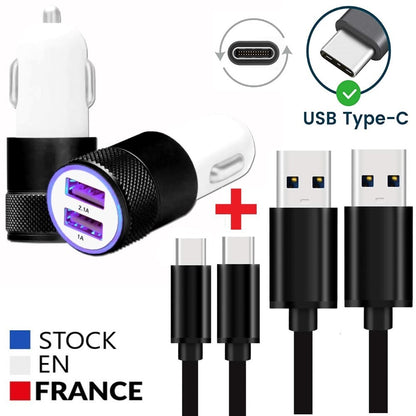 Super Pack Chargeur Auto + Câble compatible avec Blackview BV7300 Chargeur Auto Ultra Puissant et Rapide 2X USB 5V / 2,1A + 1A et 1 Câble USB-C 1 Mètre, Transfert de données - NOIR