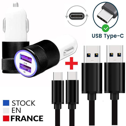 Super Pack Chargeur Auto + 1 Câble pour Doogee N50 Chargeur Auto Ultra Puissant et Rapide 2X USB 5V / 2,1A + 1A et Câble USB type C 1 Mètre Transfert de données - NOIR Doogee
