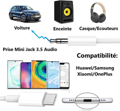 Câble USB C vers mini Jack 3.5mm Audio Auxiliaire 1 Mètre compatible Vivo V30 Pro. Relier votre mobile à votre casque, enceinte, autoradio