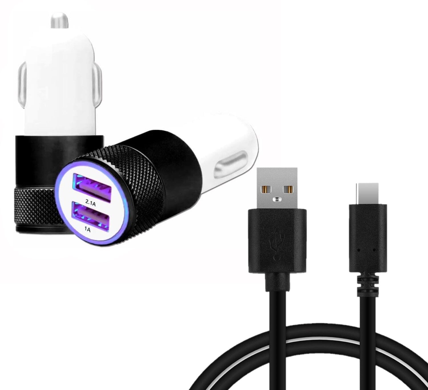 Super Pack Chargeur Auto + Câble compatible avec Blackview BV7300 Chargeur Auto Ultra Puissant et Rapide 2X USB 5V / 2,1A + 1A et 1 Câble USB-C 1 Mètre, Transfert de données - NOIR