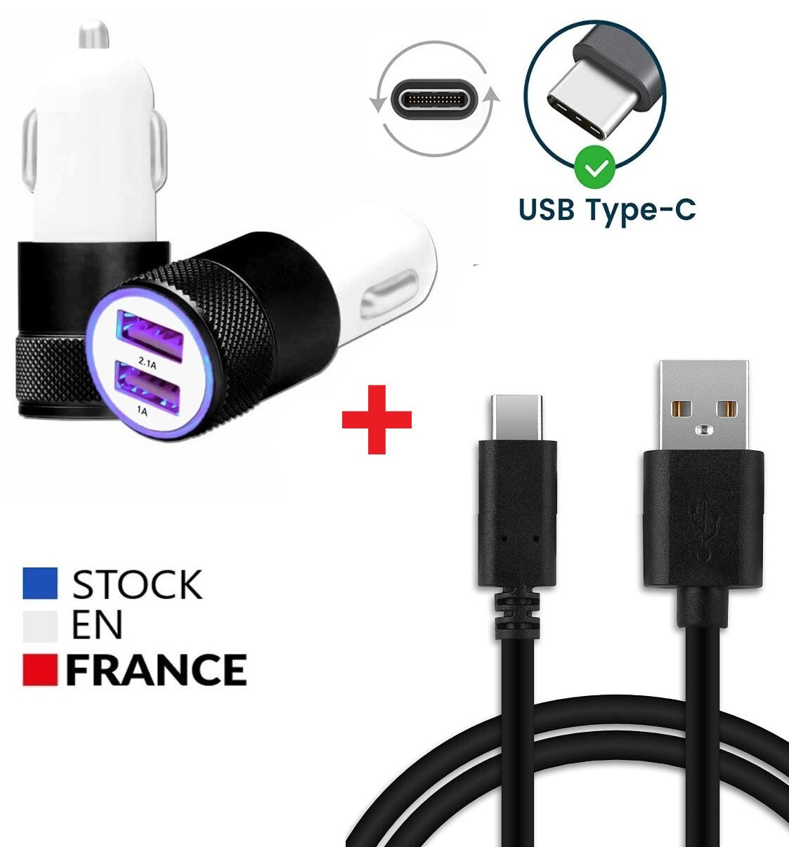 Super Pack Chargeur Auto + Câble compatible avec Doogee Blade 10 Power Chargeur Auto Ultra Puissant et Rapide 2X USB 5V / 2,1A + 1A et 1 Câble USB-C 1 Mètre, Transfert de données - NOIR
