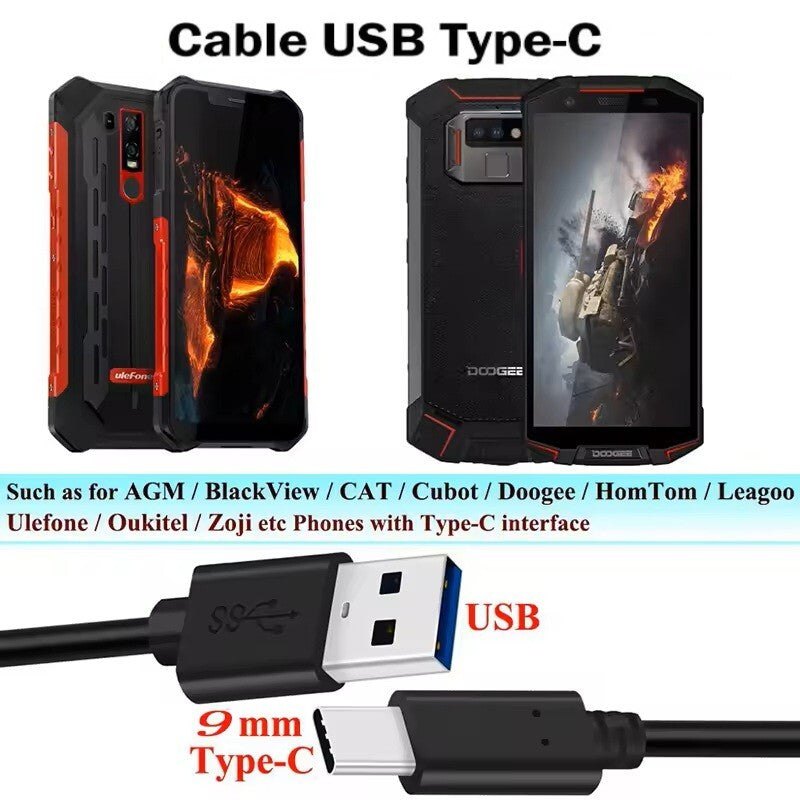BPROD Câble USB Type-C longue broche 9mm compatible avec Blackview BV6600E chargeur rapide, connecteur 9mm de long – 1 mètre Blackview