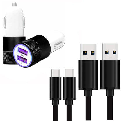 Super Pack Cargador de Coche + Cable compatible con Doogee Fire 6 Power Cargador de Coche Ultra Potente y Rápido 2X USB 5V/2.1A + 1A y 1 Cable USB-C 1 Metro, Transferencia de Datos - NEGRO