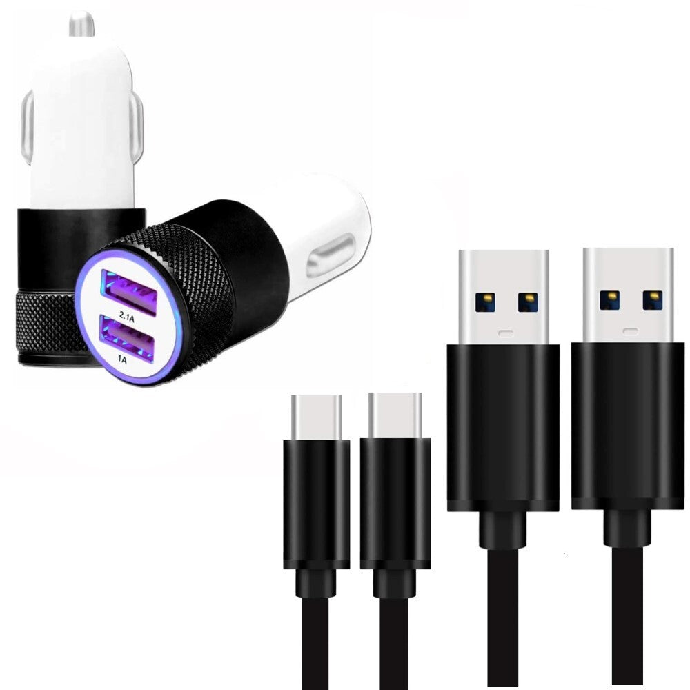 Super Pack Chargeur Auto + Câble compatible avec Blackview BV7300 Chargeur Auto Ultra Puissant et Rapide 2X USB 5V / 2,1A + 1A et 1 Câble USB-C 1 Mètre, Transfert de données - NOIR